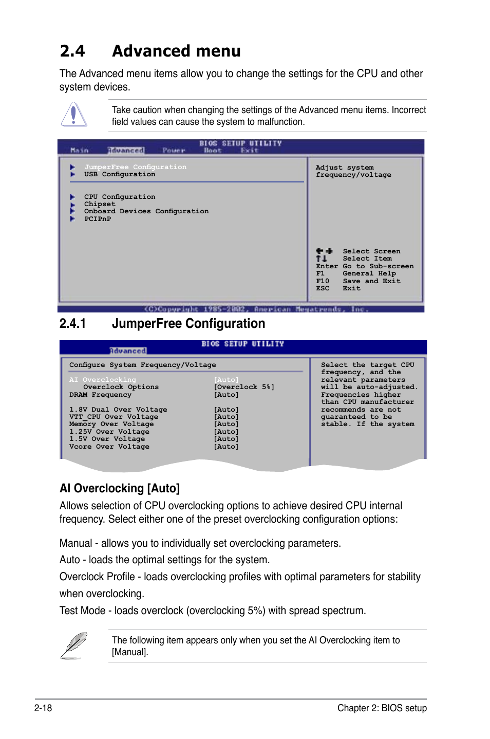 4 advanced menu, 1 jumperfree configuration, Ai overclocking [auto | Asus P5KPL-AM/PS User Manual | Page 68 / 92