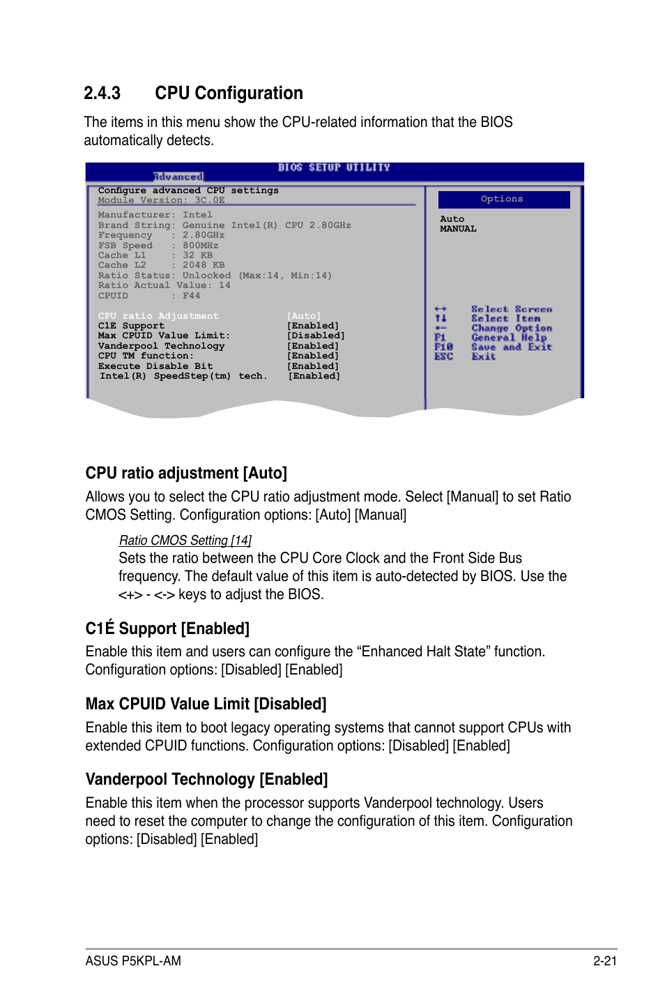 3 cpu configuration, Cpu ratio adjustment [auto, C1é support [enabled | Max cpuid value limit [disabled, Vanderpool technology [enabled | Asus P5KPL-AM/PS User Manual | Page 71 / 92