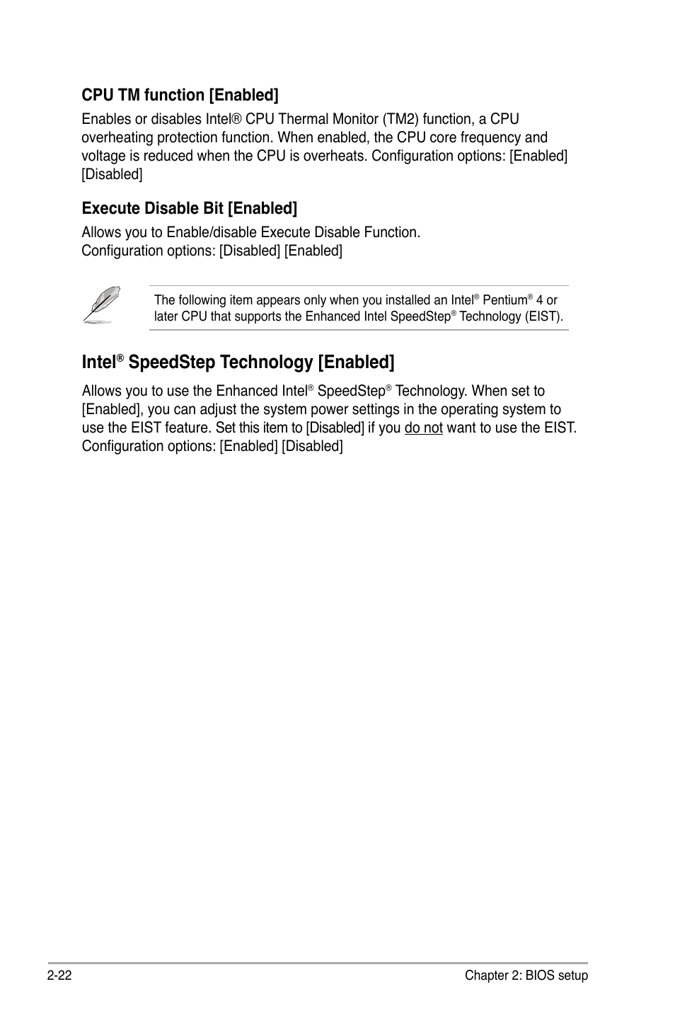 Intel, Speedstep technology [enabled, Cpu tm function [enabled | Execute disable bit [enabled | Asus P5KPL-AM/PS User Manual | Page 72 / 92
