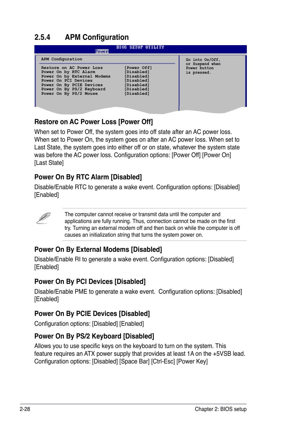 4 apm configuration, Restore on ac power loss [power off, Power on by rtc alarm [disabled | Power on by external modems [disabled, Power on by pci devices [disabled, Power on by pcie devices [disabled, Power on by ps/2 keyboard [disabled | Asus P5KPL-AM/PS User Manual | Page 78 / 92