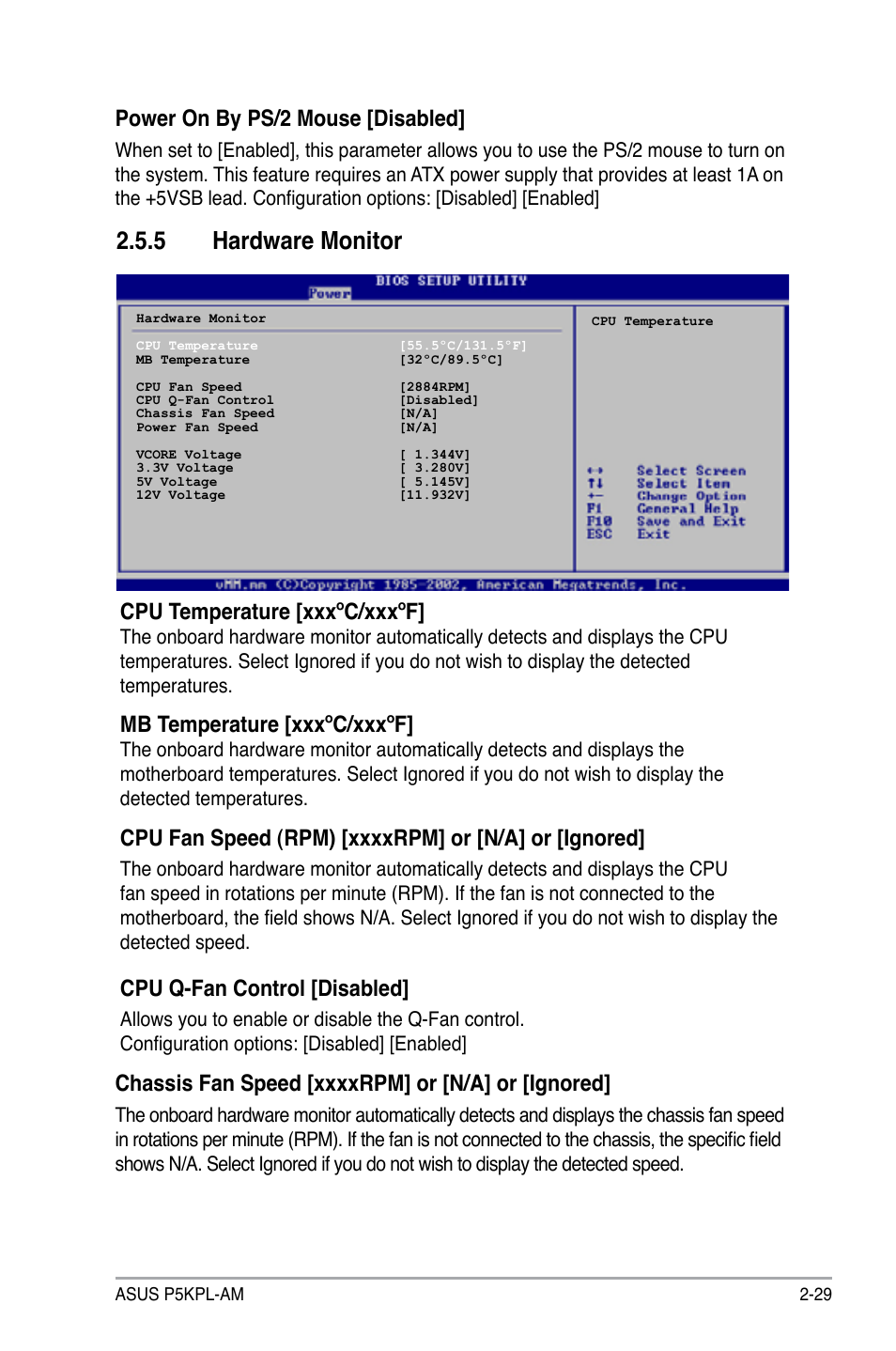 5 hardware monitor, Cpu temperature [xxxºc/xxxºf, Mb temperature [xxxºc/xxxºf | Cpu q-fan control [disabled, Power on by ps/2 mouse [disabled | Asus P5KPL-AM/PS User Manual | Page 79 / 92