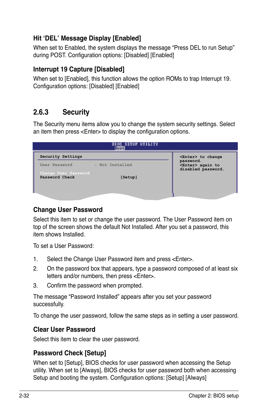 3 security, Hit ‘del’ message display [enabled, Interrupt 19 capture [disabled | Change user password, Clear user password, Password check [setup | Asus P5KPL-AM/PS User Manual | Page 82 / 92