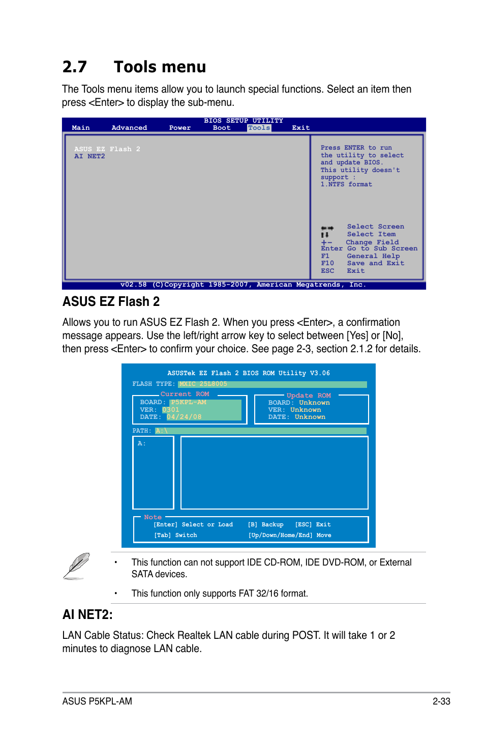 7 tools menu, Asus ez flash 2, Ai net2 | Asus P5KPL-AM/PS User Manual | Page 83 / 92