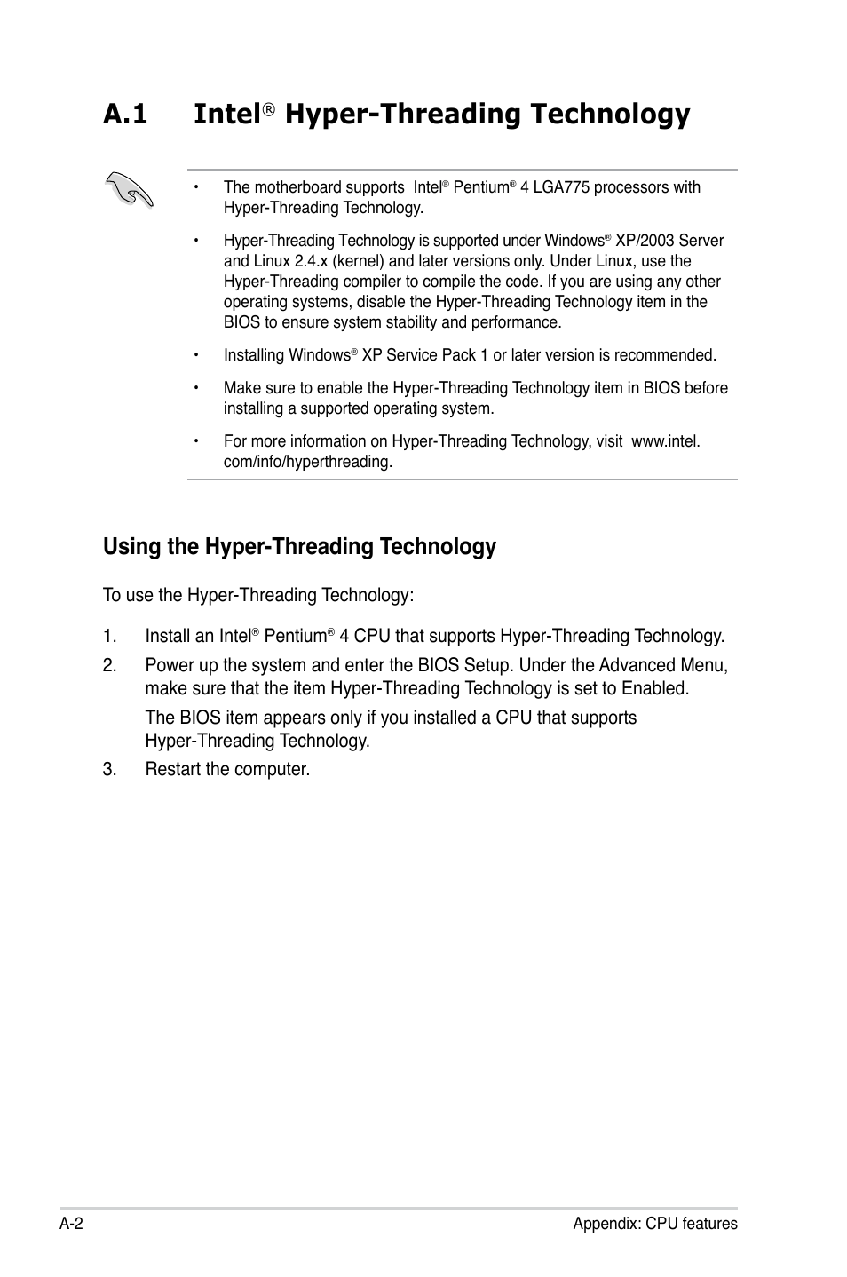 A.1 intel, Hyper-threading technology, Using the hyper-threading technology | Asus P5KPL-AM/PS User Manual | Page 92 / 92