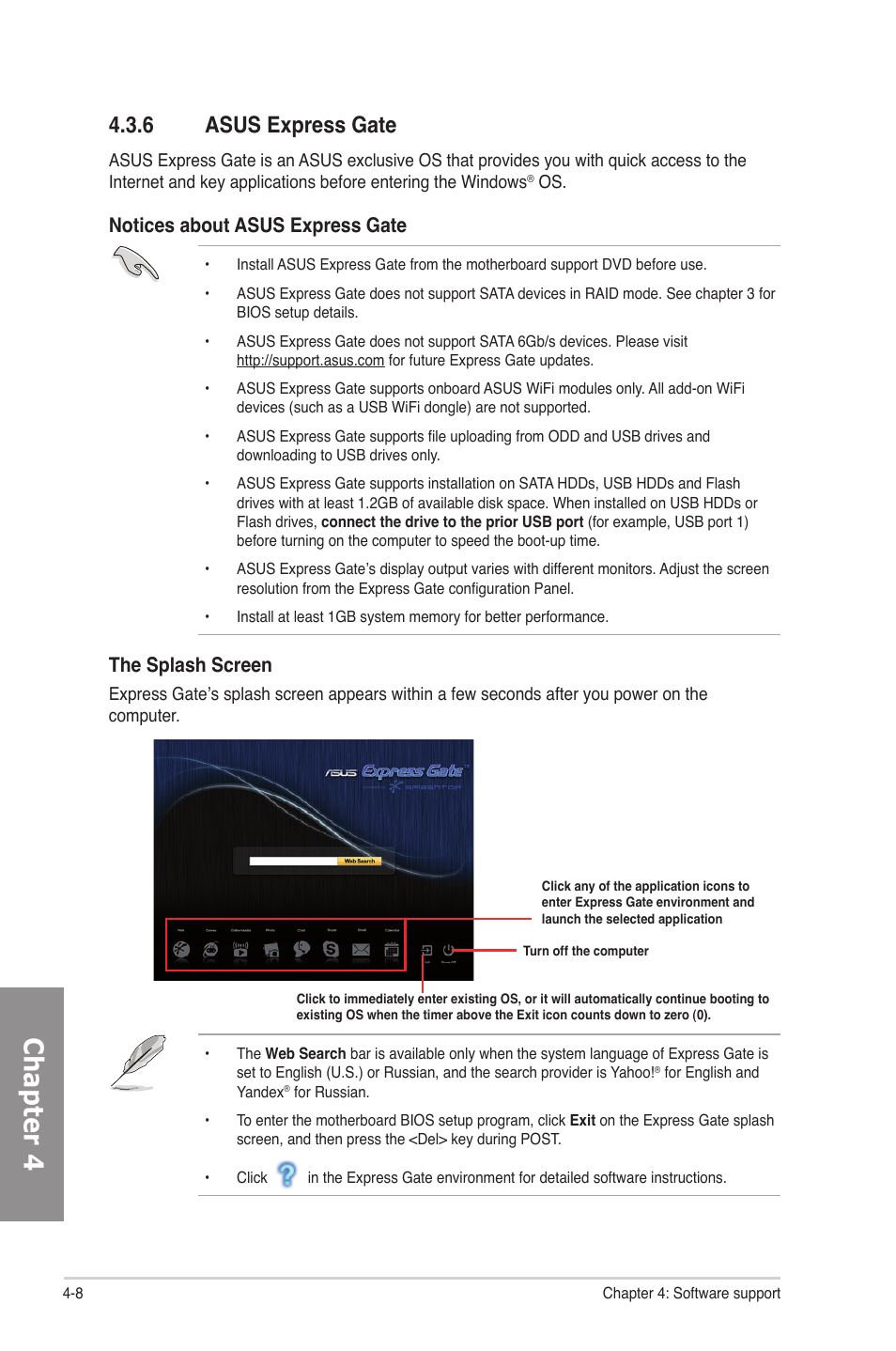 6 asus express gate, Asus express gate -8, Chapter 4 | Notices about asus express gate, The splash screen | Asus P6X58D-E User Manual | Page 104 / 128