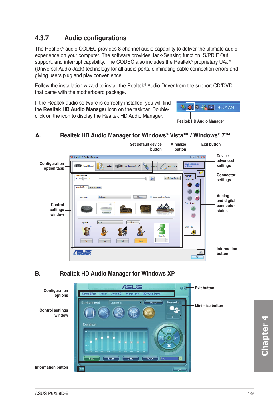 7 audio configurations, Audio configurations -9, Chapter 4 | A. realtek hd audio manager for windows, Vista™ / windows, B. realtek hd audio manager for windows xp | Asus P6X58D-E User Manual | Page 105 / 128