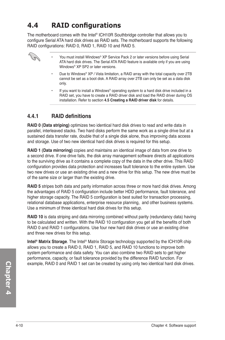 4 raid configurations, 1 raid definitions, Raid configurations -10 4.4.1 | Raid definitions -10, Chapter 4 4.4 raid configurations | Asus P6X58D-E User Manual | Page 106 / 128