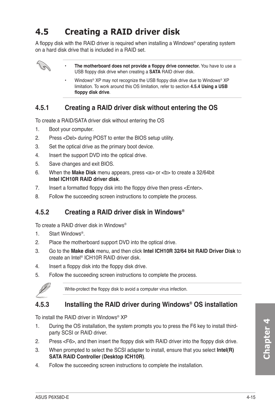 5 creating a raid driver disk, 2 creating a raid driver disk in windows, Creating a raid driver disk -15 4.5.1 | Creating a raid driver disk in windows, Installing the raid driver during windows, Os installation -15, Chapter 4 4.5 creating a raid driver disk, 3 installing the raid driver during windows, Os installation | Asus P6X58D-E User Manual | Page 111 / 128