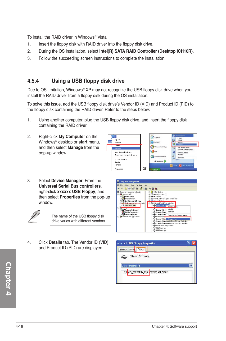 4 using a usb floppy disk drive, Using a usb floppy disk drive -16, Chapter 4 | Asus P6X58D-E User Manual | Page 112 / 128