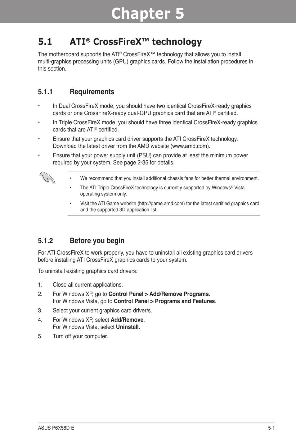 Chapter 5: multiple gpu technology support, 1 ati® crossfirex™ technology, 1 requirements | 2 before you begin, Chapter 5, Multiple gpu technology support, Crossfirex™ technology -1, Requirements -1, Before you begin -1, 1 ati | Asus P6X58D-E User Manual | Page 115 / 128