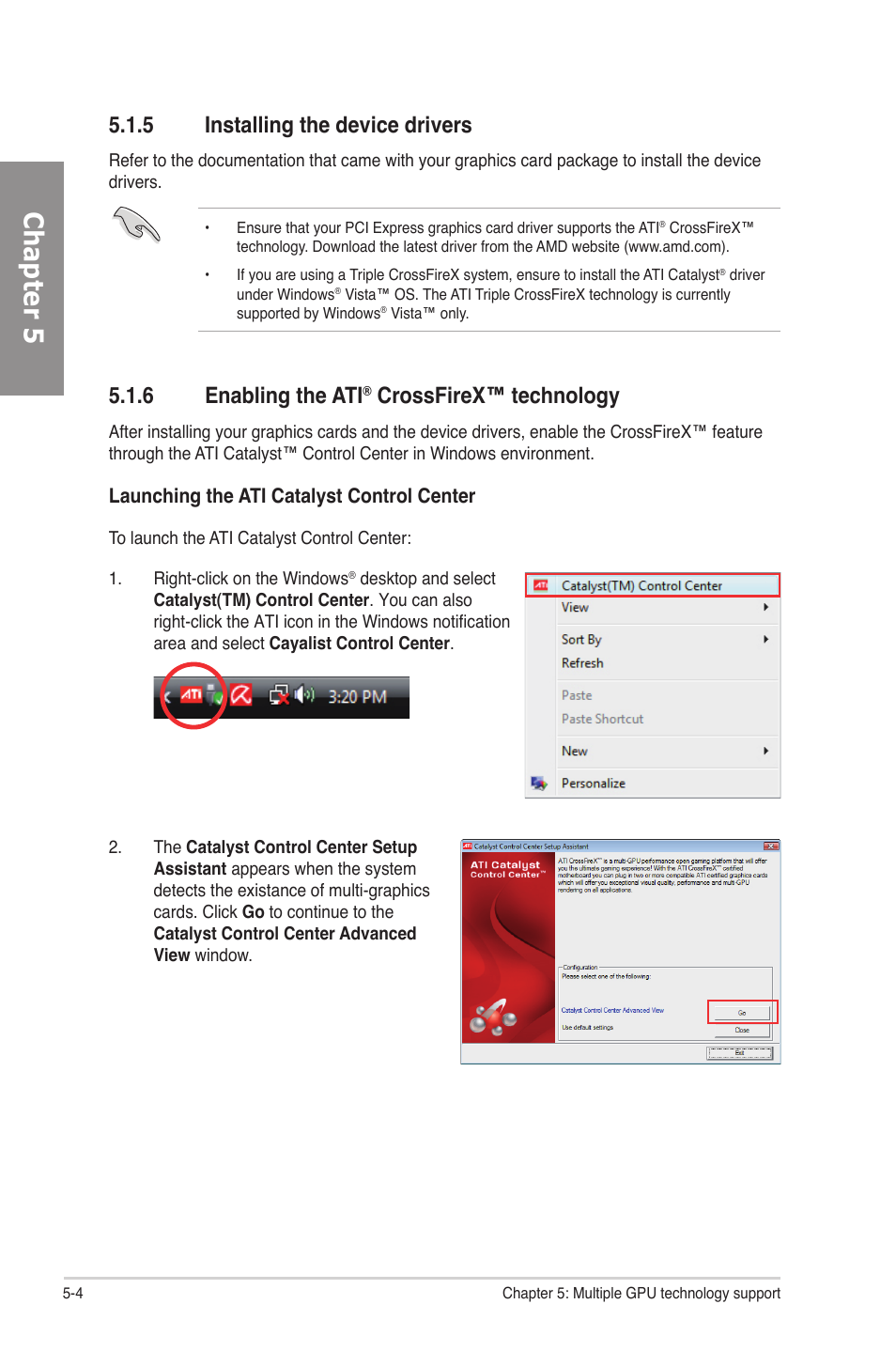 5 installing the device drivers, 6 enabling the ati® crossfirex™ technology, Installing the device drivers -4 | Enabling the ati, Crossfirex™ technology -4, Chapter 5, 6 enabling the ati, Crossfirex™ technology | Asus P6X58D-E User Manual | Page 118 / 128