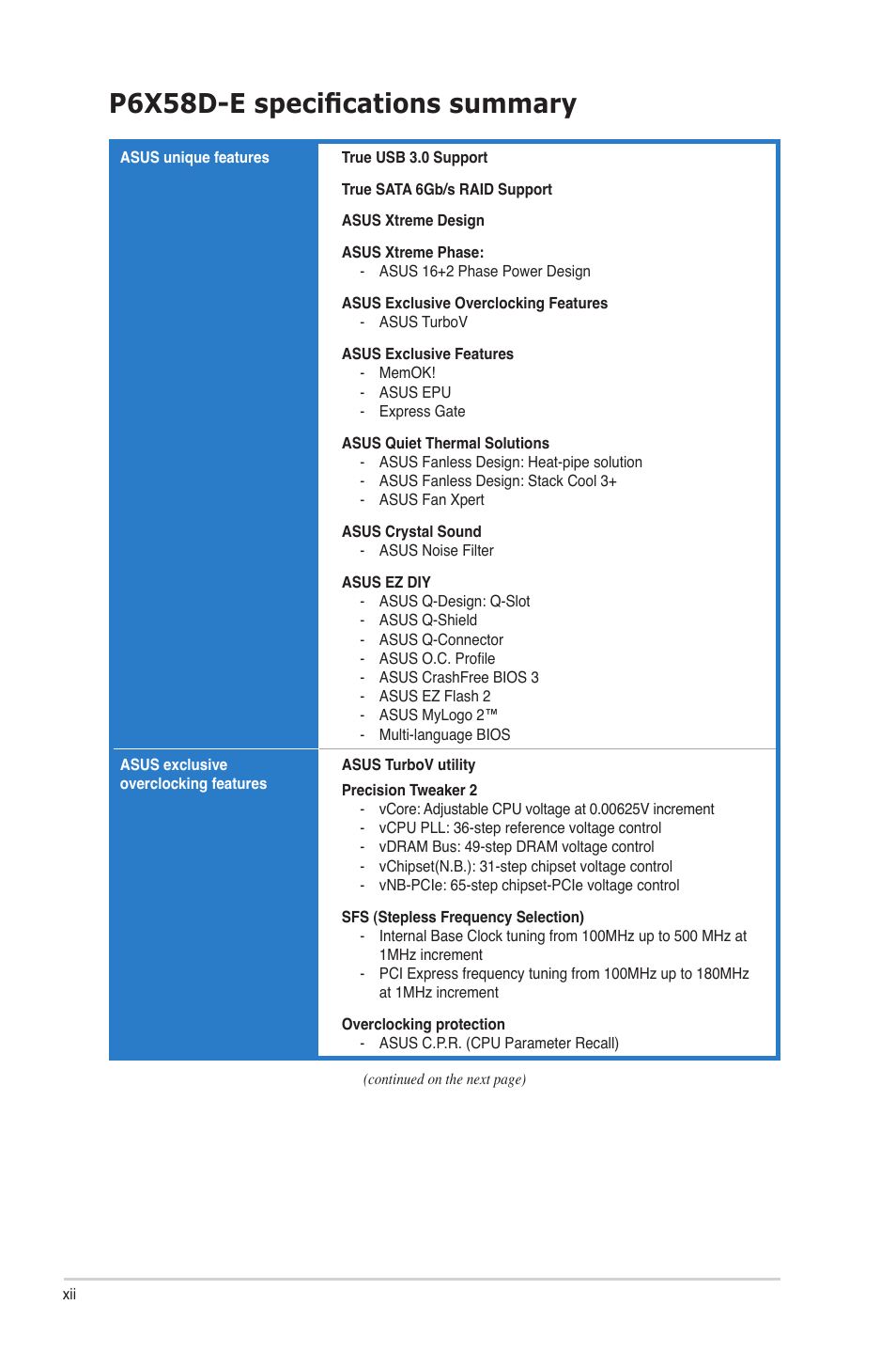 P6x58d-e specifications summary | Asus P6X58D-E User Manual | Page 12 / 128