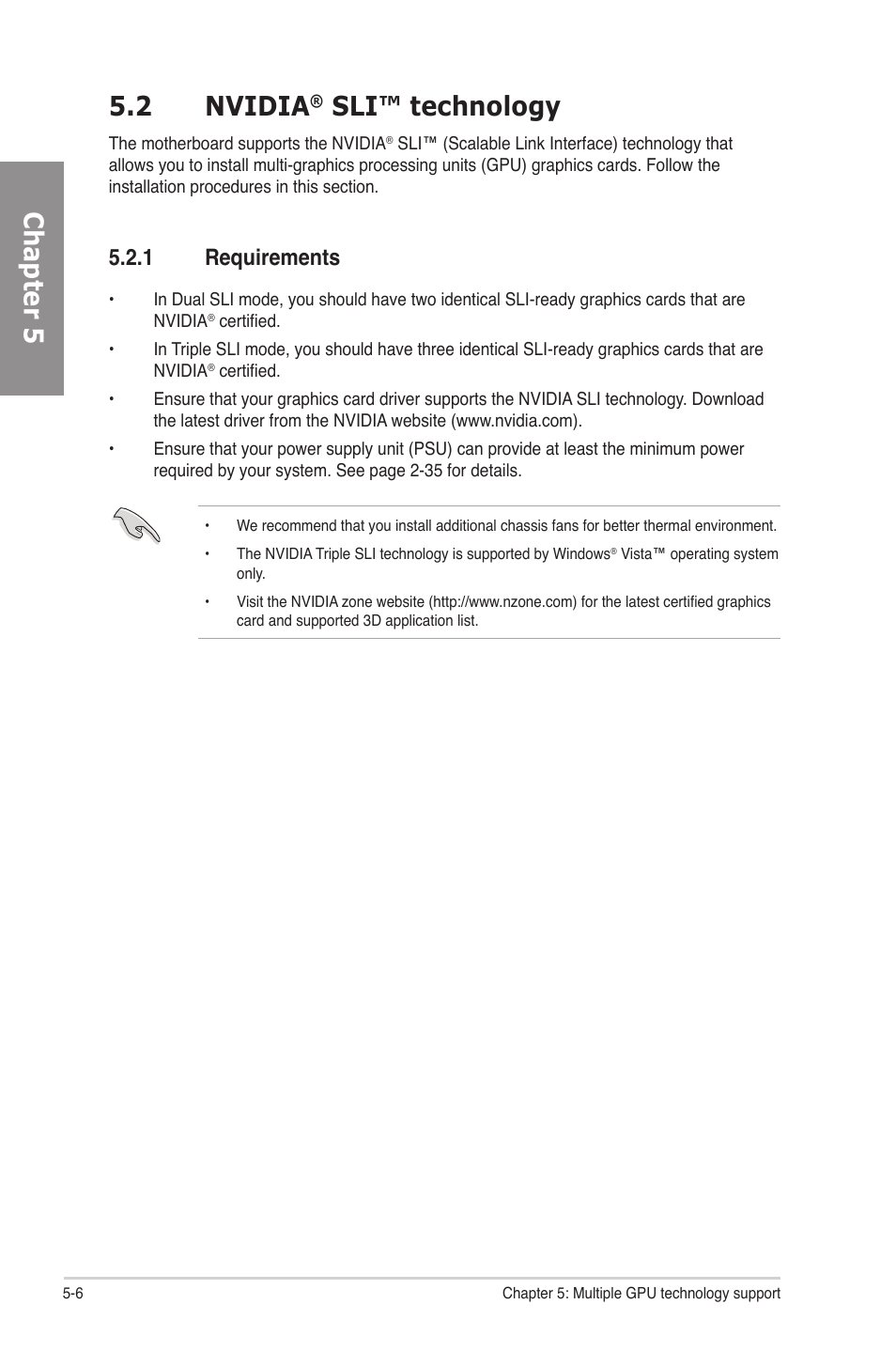 2 nvidia® sli™ technology, 1 requirements, Nvidia | Sli™ technology -6, Requirements -6, Chapter 5 5.2 nvidia, Sli™ technology | Asus P6X58D-E User Manual | Page 120 / 128