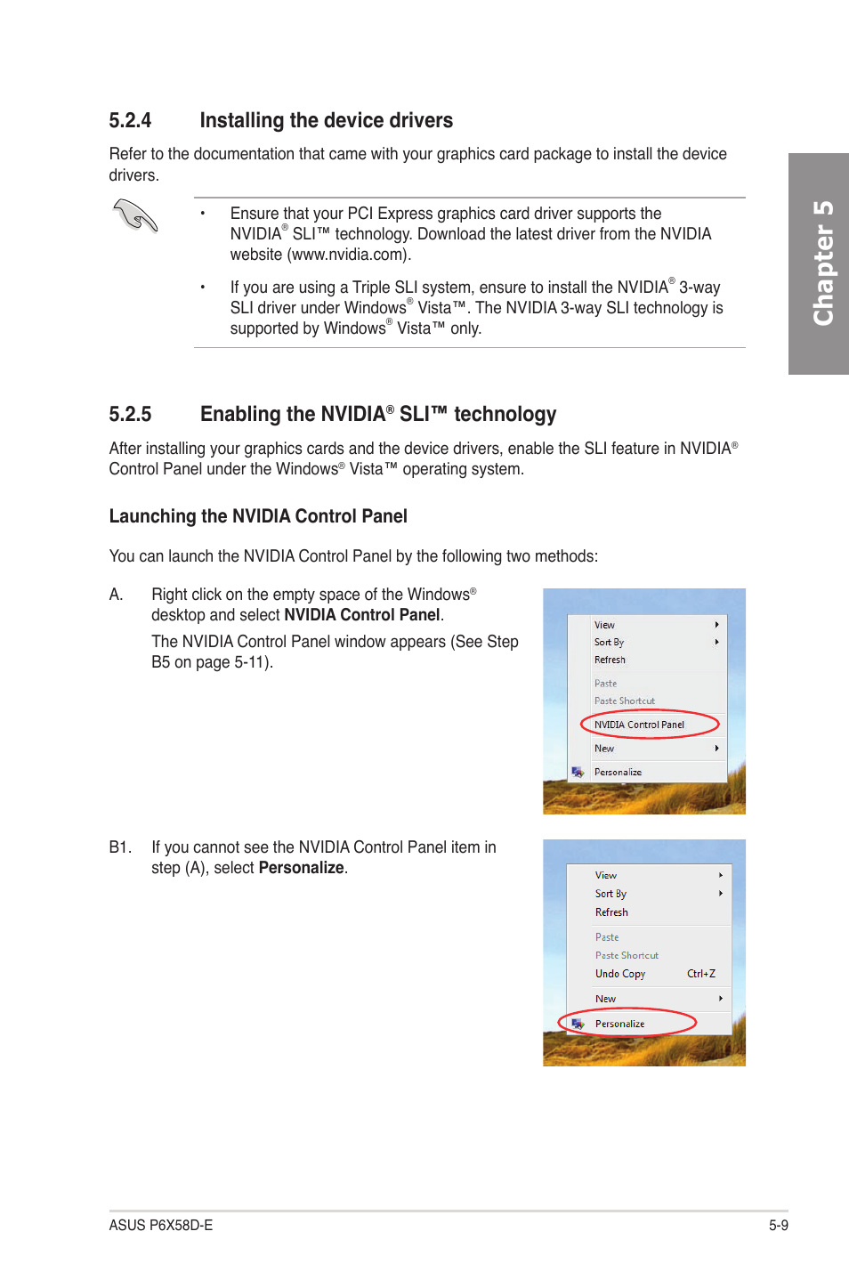 4 installing the device drivers, 5 enabling the nvidia® sli™ technology, Installing the device drivers -9 | Enabling the nvidia, Sli™ technology -9, Chapter 5, 5 enabling the nvidia, Sli™ technology | Asus P6X58D-E User Manual | Page 123 / 128