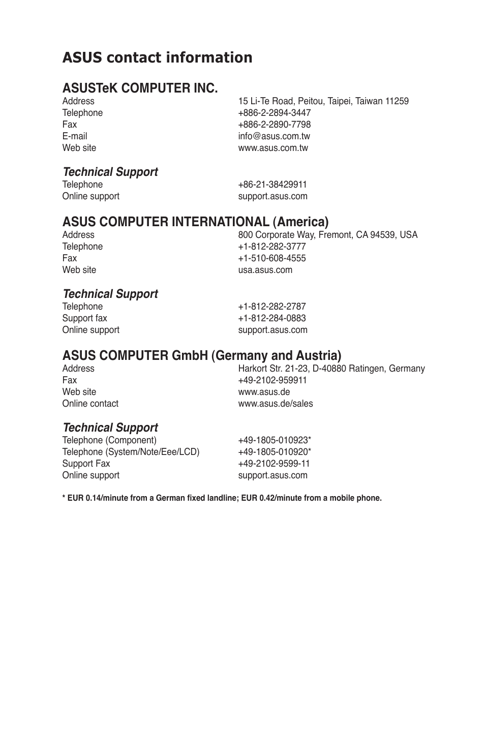 Asus contact information, Asustek computer inc, Asus computer international (america) | Asus computer gmbh (germany and austria), Technical support | Asus P6X58D-E User Manual | Page 127 / 128