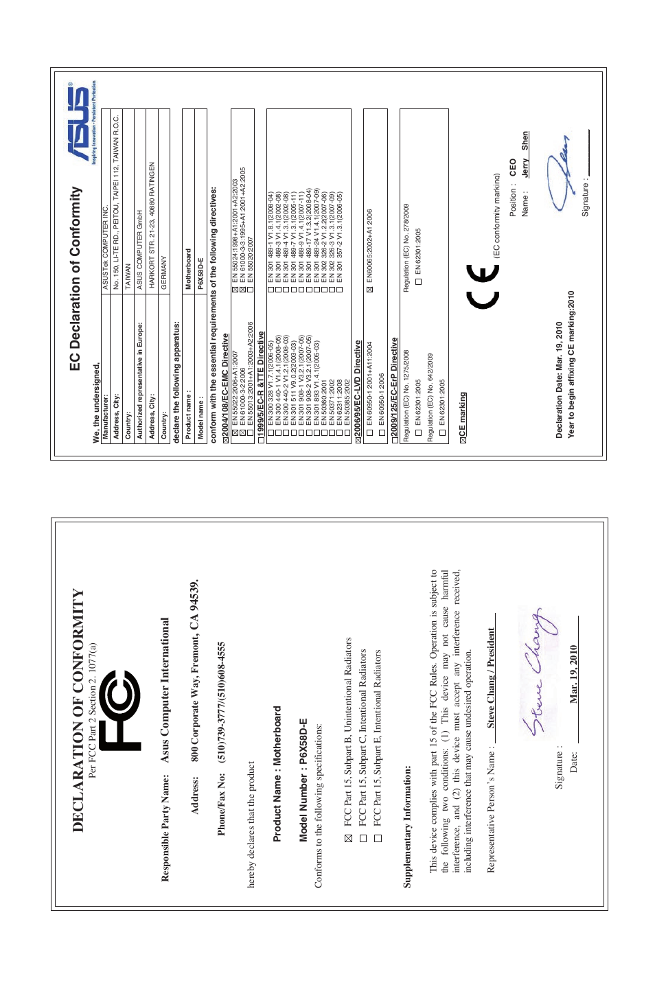 Declaration of conformity, Ec declaration of conformity, Asu s c om pu te r i nt er na tio na l | Asus P6X58D-E User Manual | Page 128 / 128