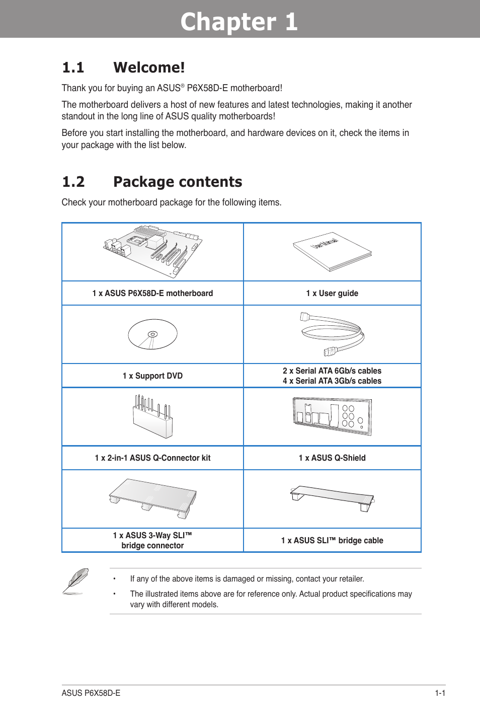 Chapter 1: product introduction, 1 welcome, 2 package contents | Chapter 1, Product introduction, Welcome! -1, Package contents -1, Chapter 1 1.1 welcome | Asus P6X58D-E User Manual | Page 15 / 128