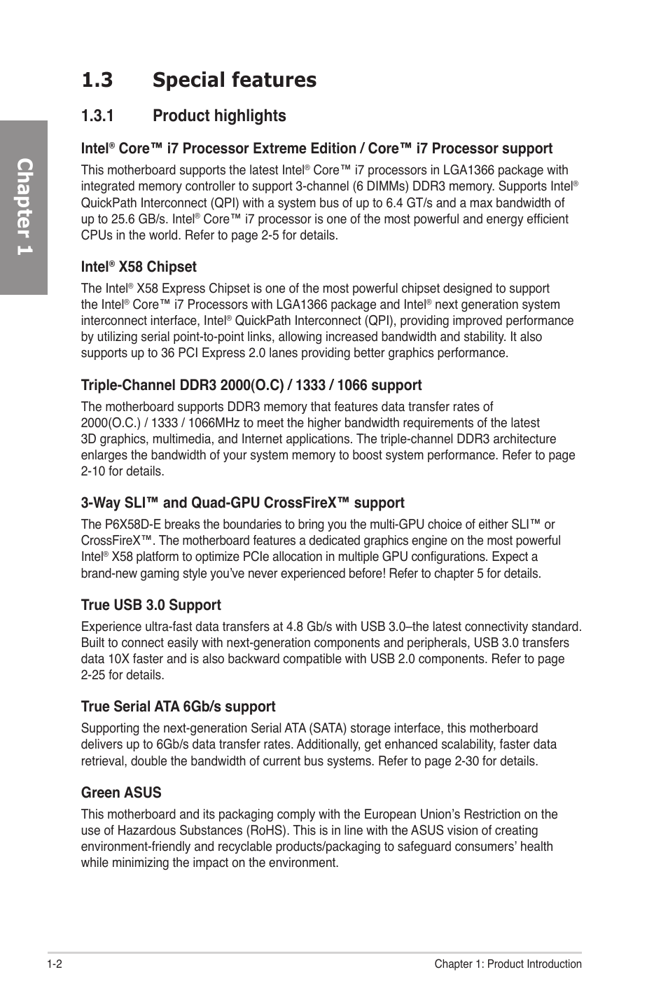 3 special features, 1 product highlights, Special features -2 1.3.1 | Product highlights -2, Chapter 1 1.3 special features | Asus P6X58D-E User Manual | Page 16 / 128