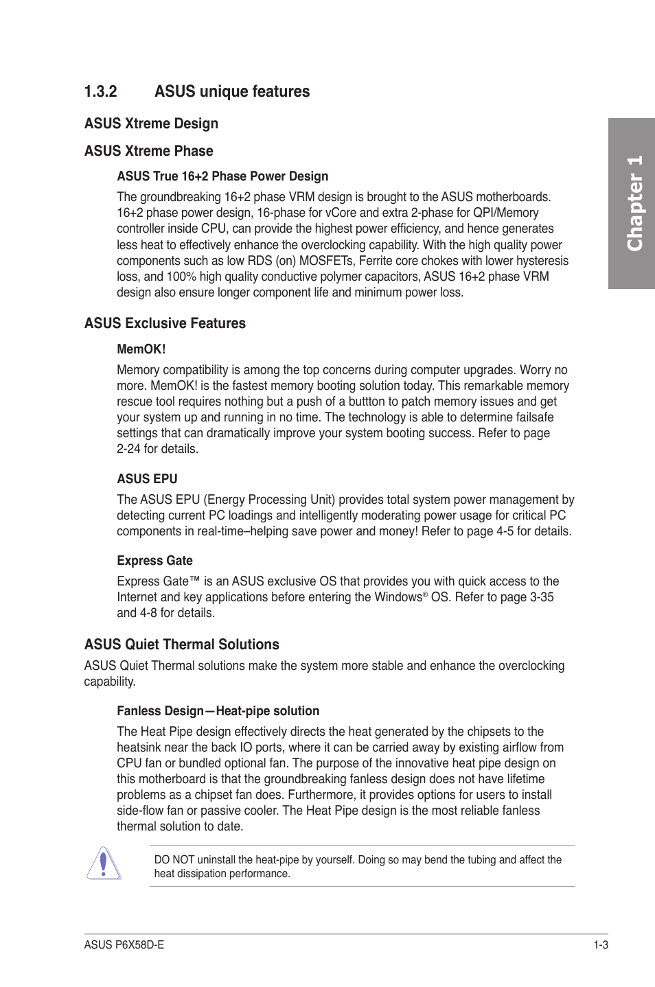 2 asus unique features, Asus unique features -3, Chapter 1 | Asus P6X58D-E User Manual | Page 17 / 128