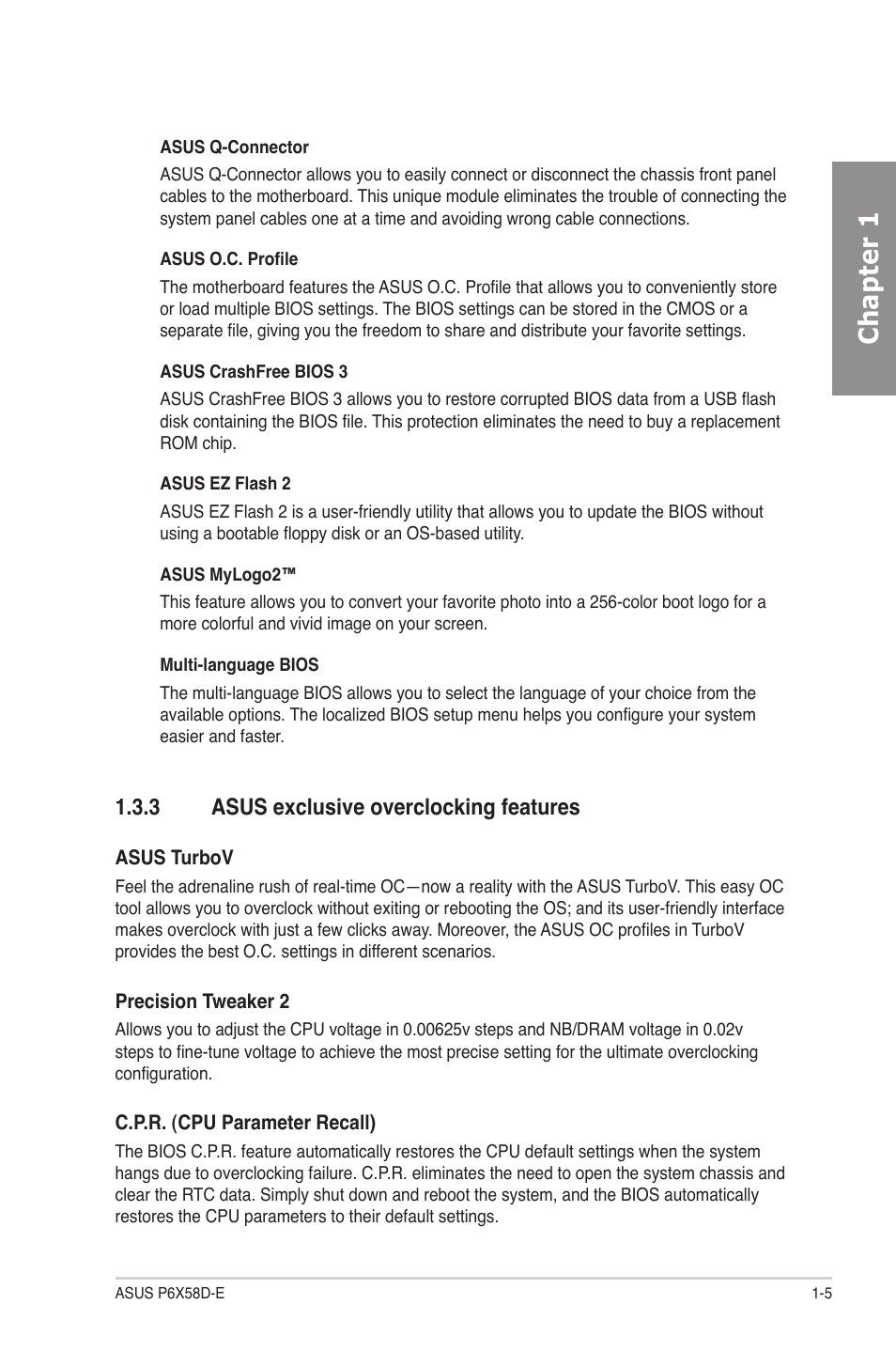 3 asus exclusive overclocking features, Asus exclusive overclocking features -5, Chapter 1 | Asus P6X58D-E User Manual | Page 19 / 128