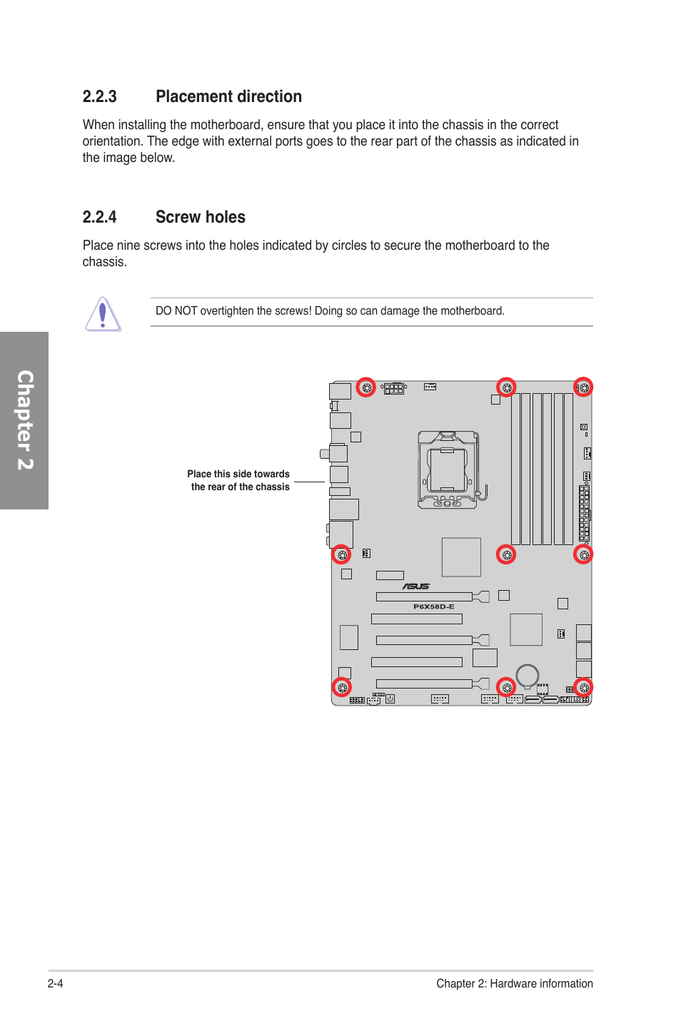 3 placement direction, 4 screw holes, Placement direction -4 | Screw holes -4, Chapter 2 | Asus P6X58D-E User Manual | Page 24 / 128