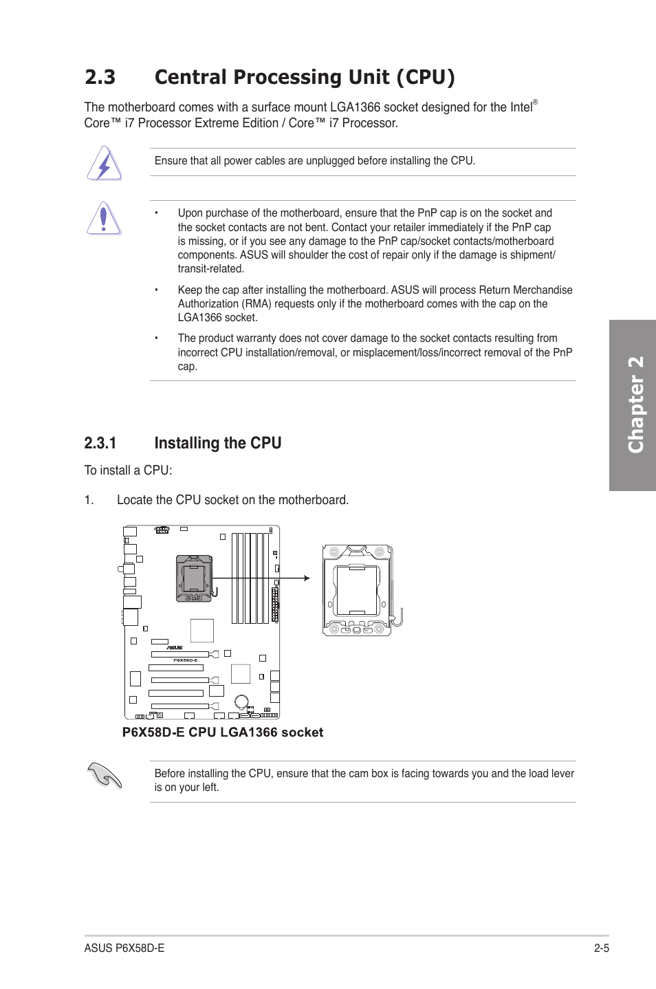 3 central processing unit (cpu), 1 installing the cpu, Central processing unit (cpu) -5 2.3.1 | Installing the cpu -5, Chapter 2 2.3 central processing unit (cpu) | Asus P6X58D-E User Manual | Page 25 / 128