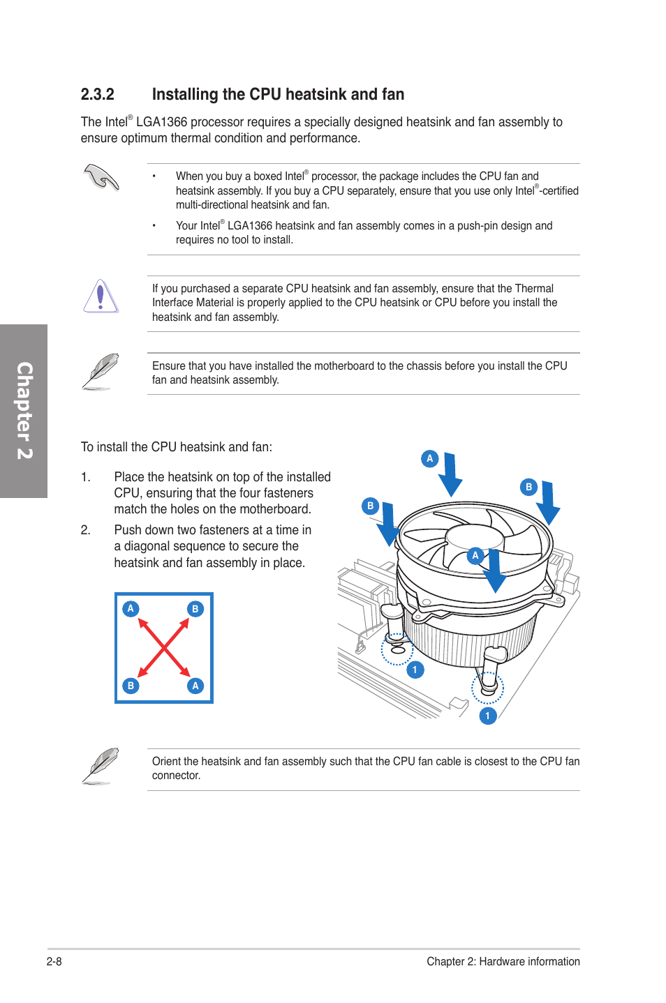 2 installing the cpu heatsink and fan, Installing the cpu heatsink and fan -8, Chapter 2 | Asus P6X58D-E User Manual | Page 28 / 128