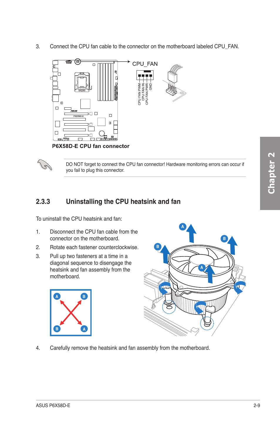 3 uninstalling the cpu heatsink and fan, Uninstalling the cpu heatsink and fan -9, Chapter 2 | Asus P6X58D-E User Manual | Page 29 / 128