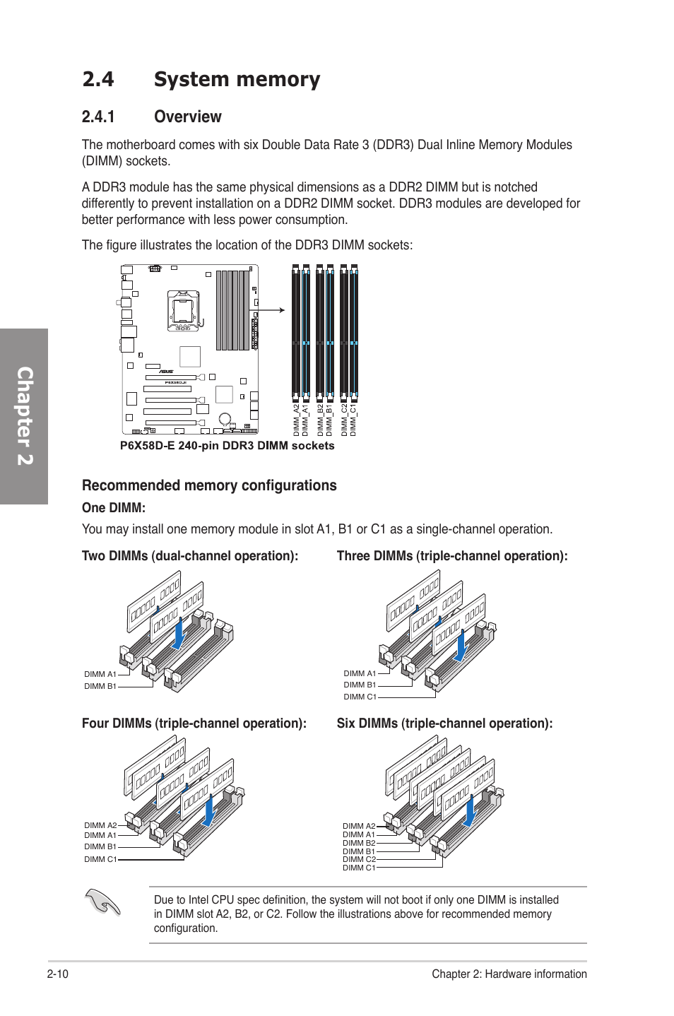 4 system memory, 1 overview, System memory -10 2.4.1 | Overview -10 | Asus P6X58D-E User Manual | Page 30 / 128
