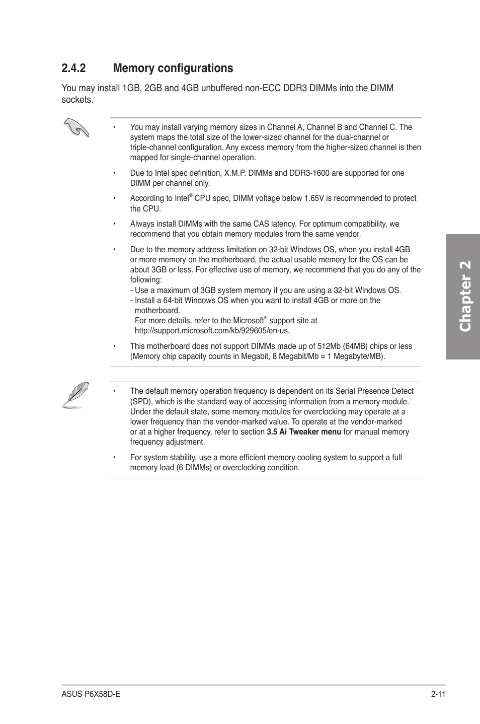 2 memory configurations, Memory configurations -11, Chapter 2 | Asus P6X58D-E User Manual | Page 31 / 128