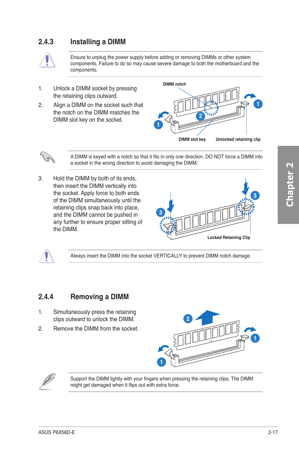 3 installing a dimm, 4 removing a dimm, Installing a dimm -17 | Removing a dimm -17, Chapter 2 | Asus P6X58D-E User Manual | Page 37 / 128