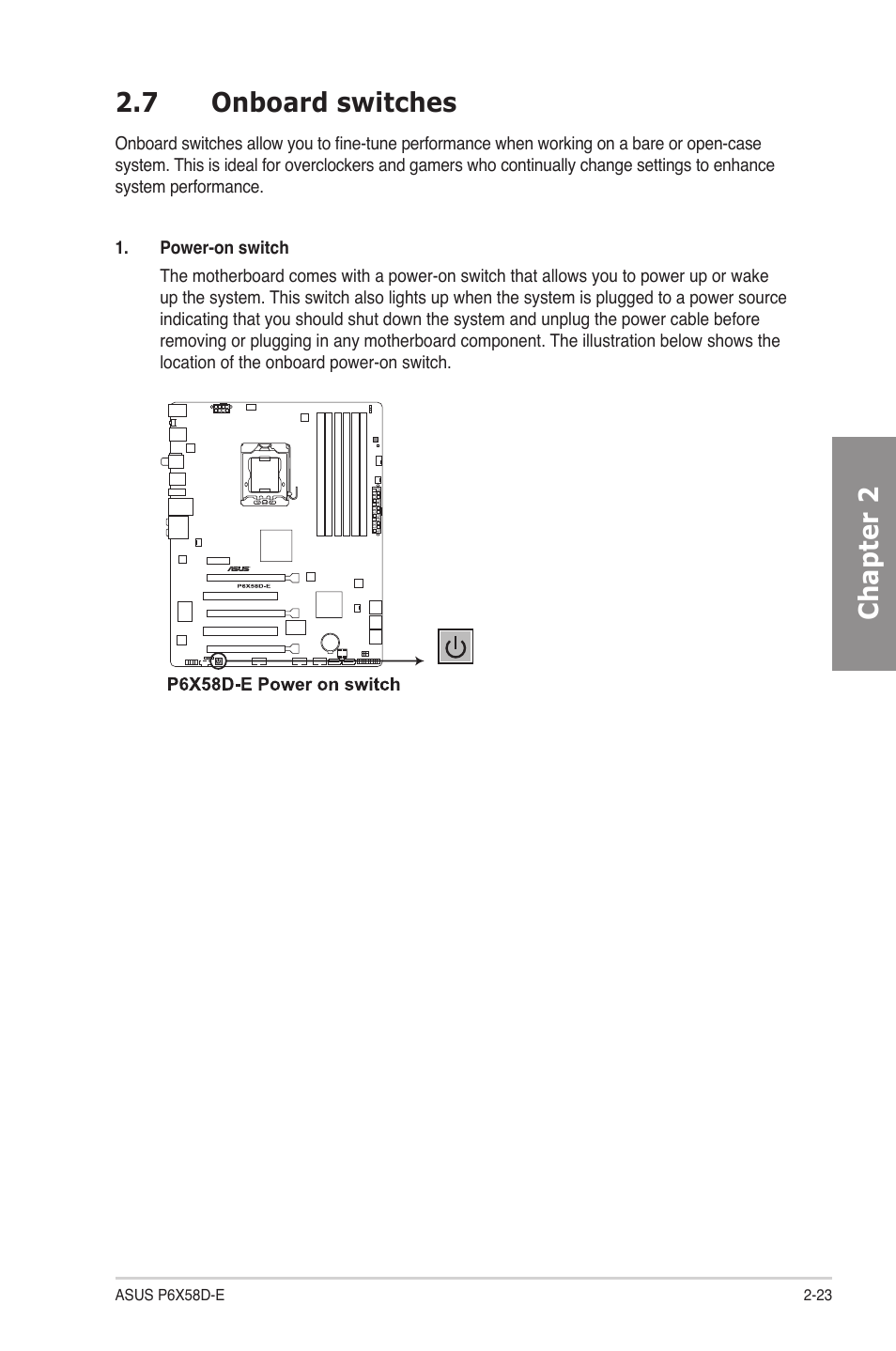 7 onboard switches, Onboard switches -23, Chapter 2 2.7 onboard switches | Asus P6X58D-E User Manual | Page 43 / 128