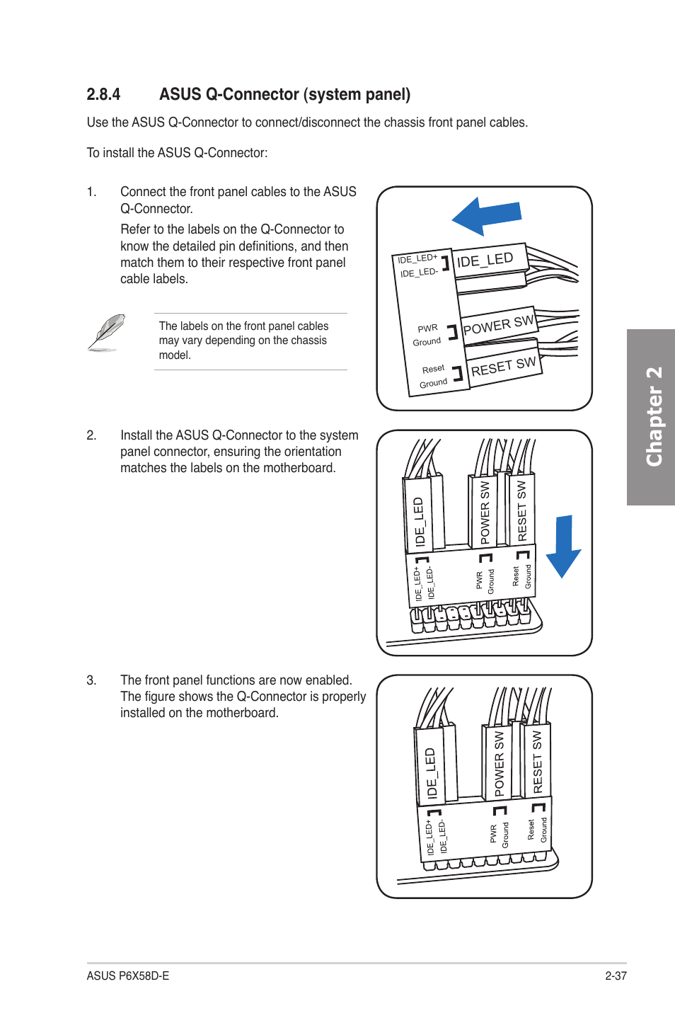 4 asus q-connector (system panel), Asus q-connector (system panel) -37, Chapter 2 | Asus P6X58D-E User Manual | Page 57 / 128