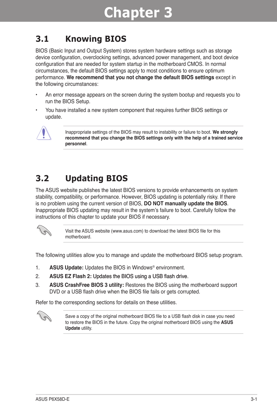 Chapter 3: bios setup, 1 knowing bios, 2 updating bios | Chapter 3, Bios setup, Knowing bios -1, Updating bios -1, Chapter 3 3.1 knowing bios | Asus P6X58D-E User Manual | Page 59 / 128