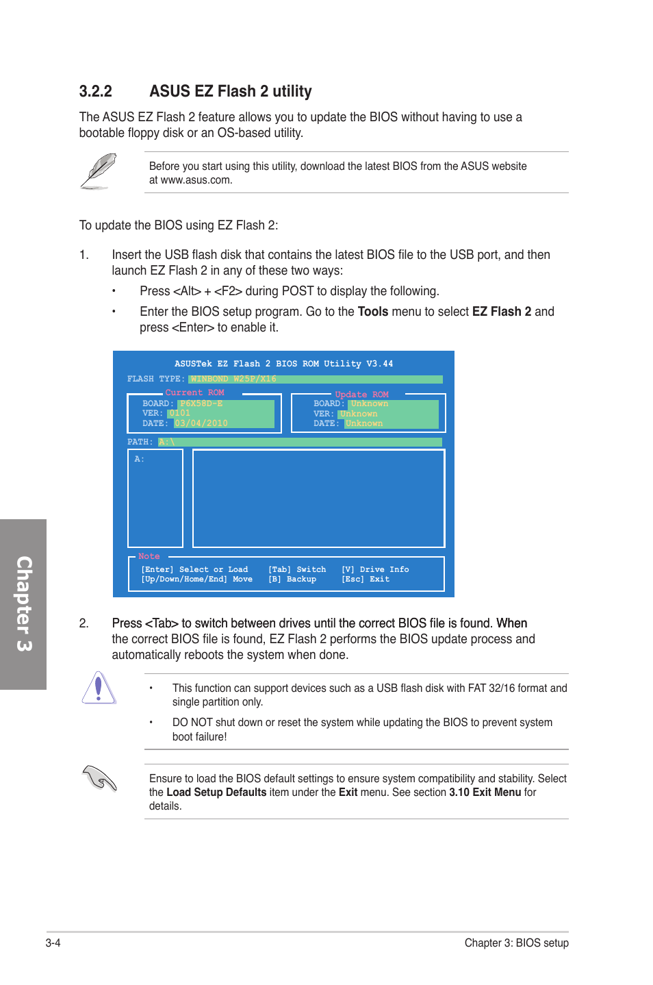 2 asus ez flash 2 utility, Asus ez flash 2 utility -4, Chapter 3 | Asus P6X58D-E User Manual | Page 62 / 128