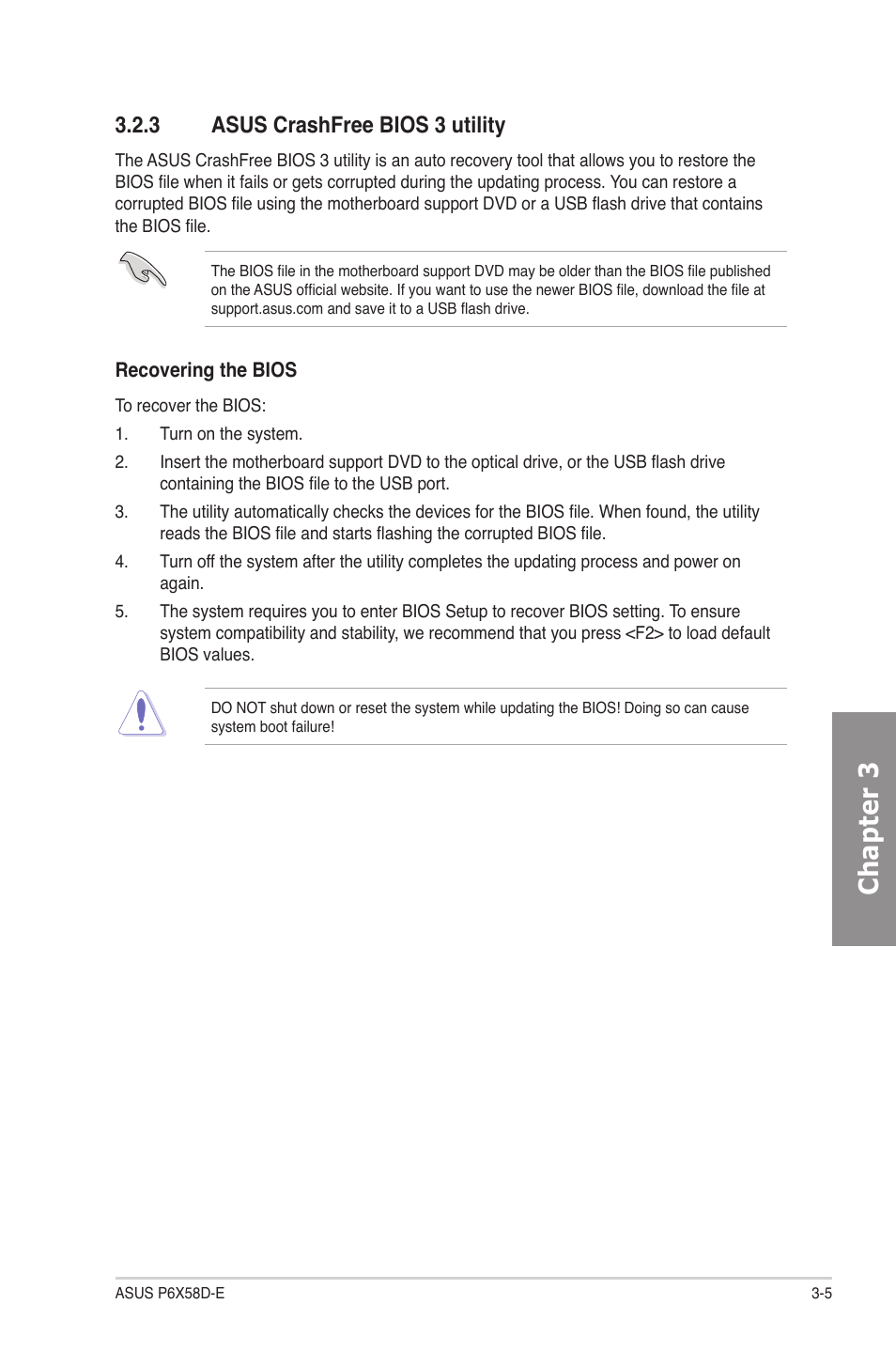 3 asus crashfree bios 3 utility, Asus crashfree bios 3 utility -5, Chapter 3 | Asus P6X58D-E User Manual | Page 63 / 128