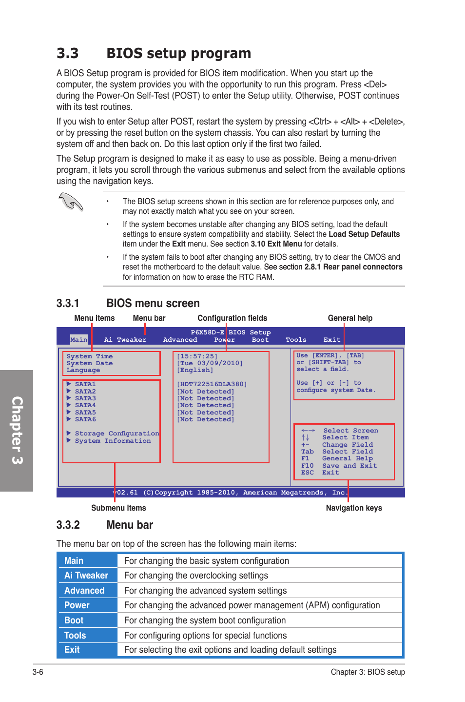 3 bios setup program, 1 bios menu screen, 2 menu bar | Bios setup program -6 3.3.1, Bios menu screen -6, Menu bar -6, Chapter 3 | Asus P6X58D-E User Manual | Page 64 / 128