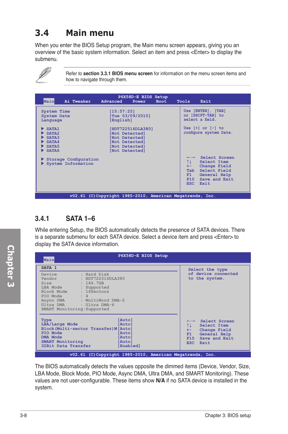 4 main menu, 1 sata 1–6, Main menu -8 3.4.1 | Sata 1–6 -8, Chapter 3 3.4 main menu | Asus P6X58D-E User Manual | Page 66 / 128