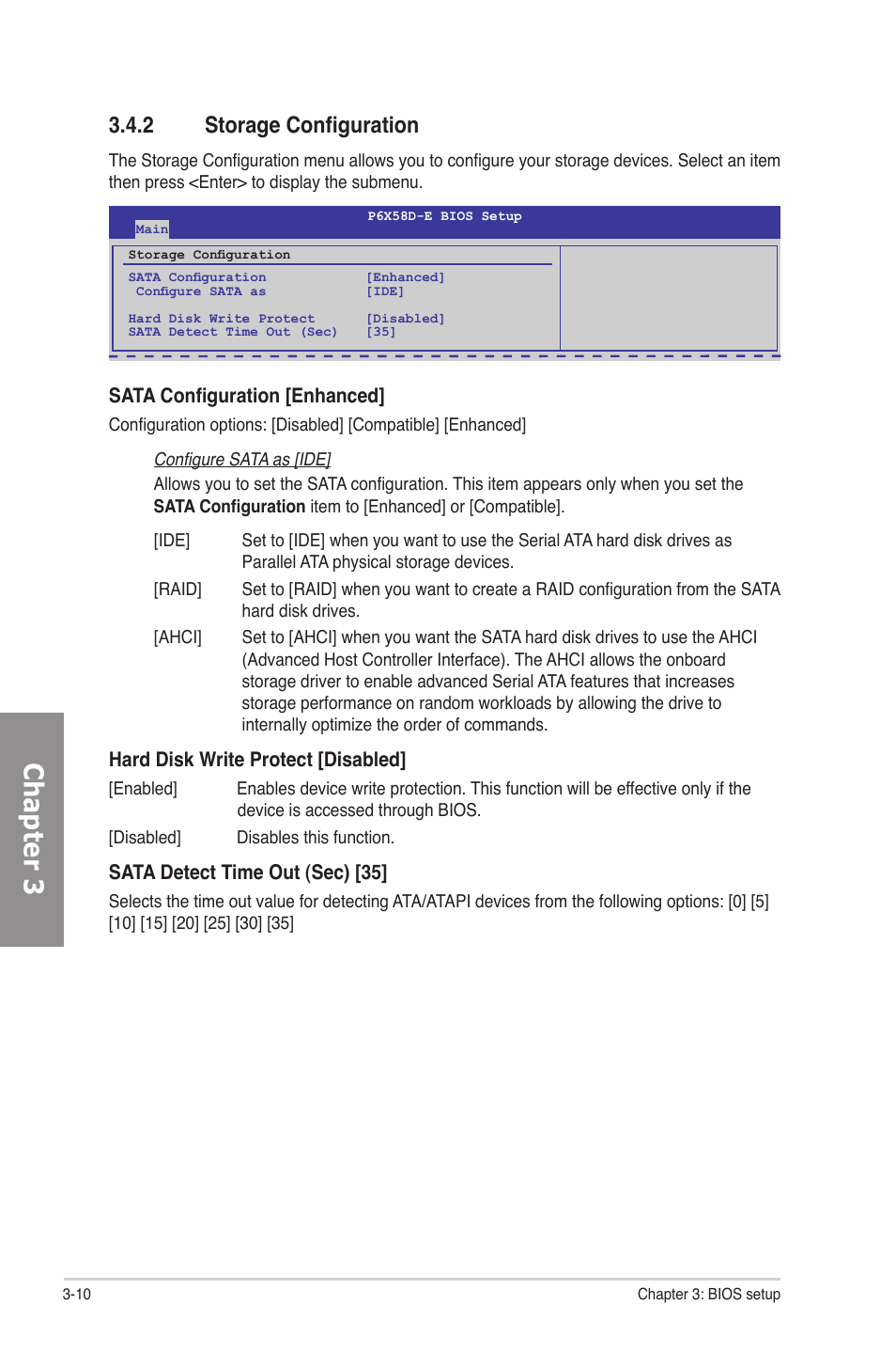 2 storage configuration, Storage configuration -10, Chapter 3 | Asus P6X58D-E User Manual | Page 68 / 128