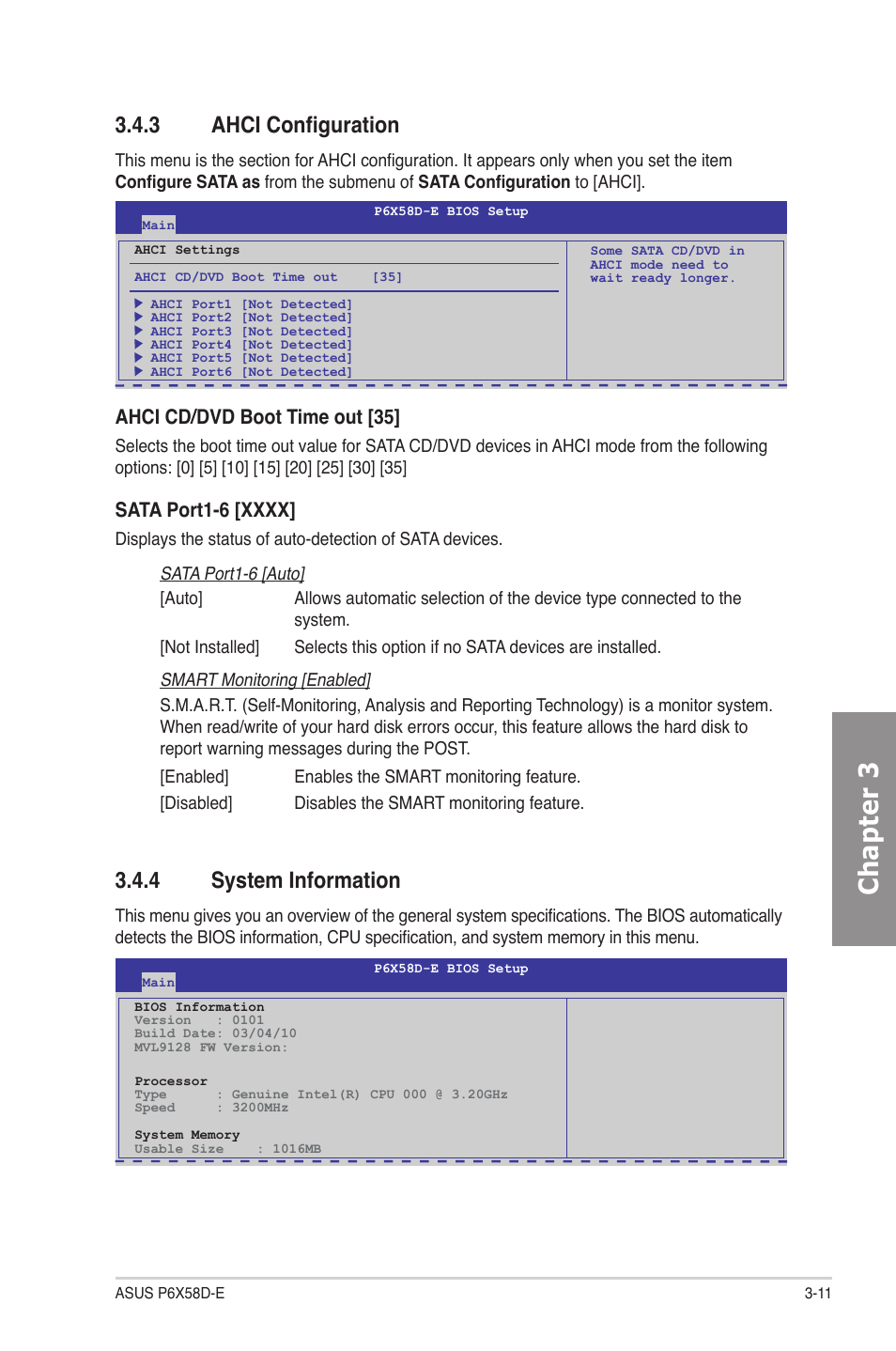 3 ahci configuration, 4 system information, Ahci configuration -11 | System information -11, Chapter 3, Ahci cd/dvd boot time out [35 | Asus P6X58D-E User Manual | Page 69 / 128