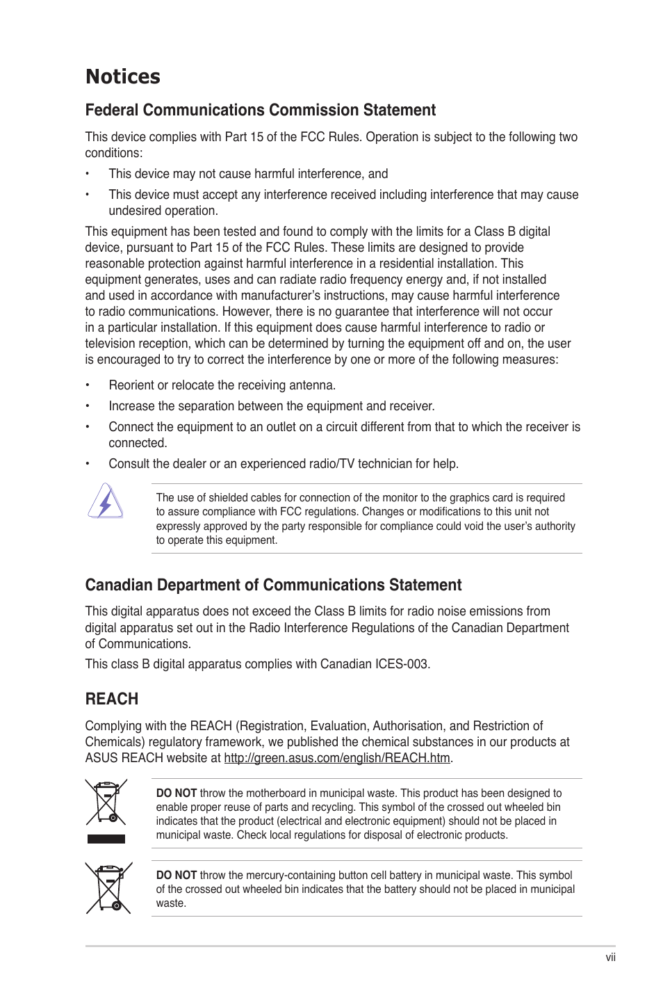 Notices, Federal communications commission statement, Canadian department of communications statement | Reach | Asus P6X58D-E User Manual | Page 7 / 128