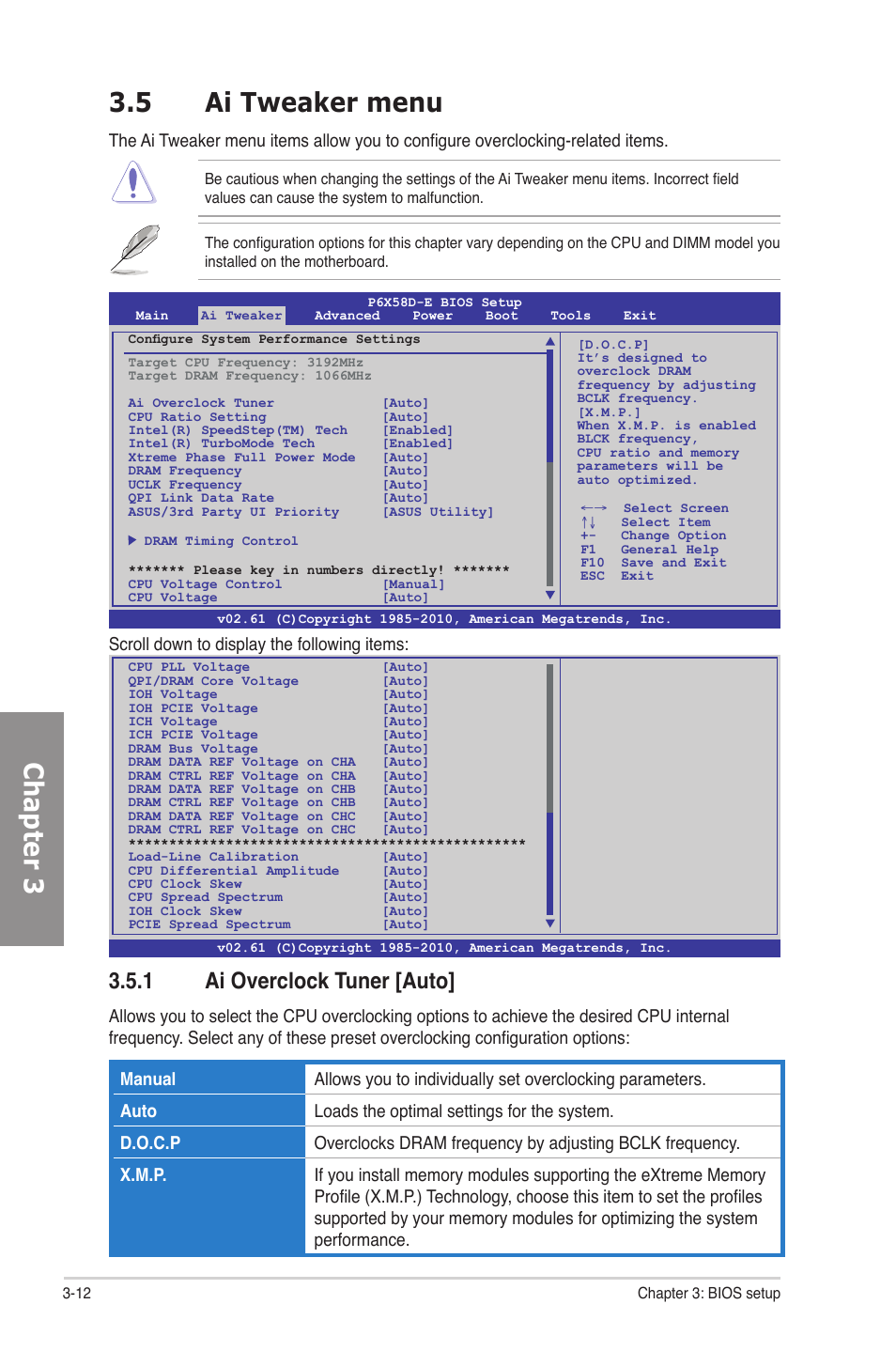 5 ai tweaker menu, 1 ai overclock tuner [auto, Ai tweaker menu -12 3.5.1 | Ai overclock tuner -12, Chapter 3, Scroll down to display the following items | Asus P6X58D-E User Manual | Page 70 / 128