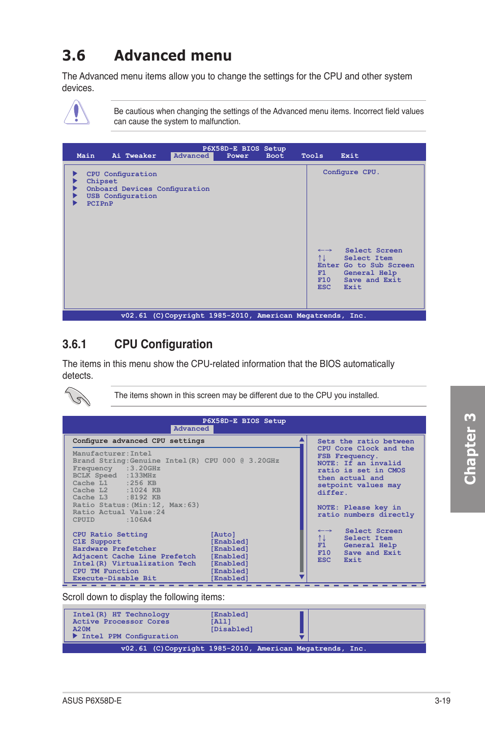 6 advanced menu, 1 cpu configuration, Advanced menu -19 3.6.1 | Cpu configuration -19, Chapter 3, Scroll down to display the following items | Asus P6X58D-E User Manual | Page 77 / 128