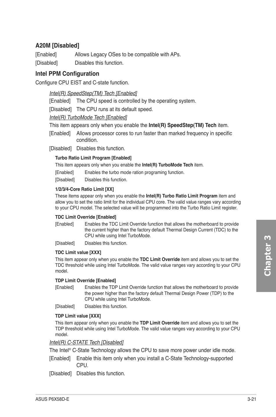 Chapter 3, A20m [disabled, Intel ppm configuration | Asus P6X58D-E User Manual | Page 79 / 128