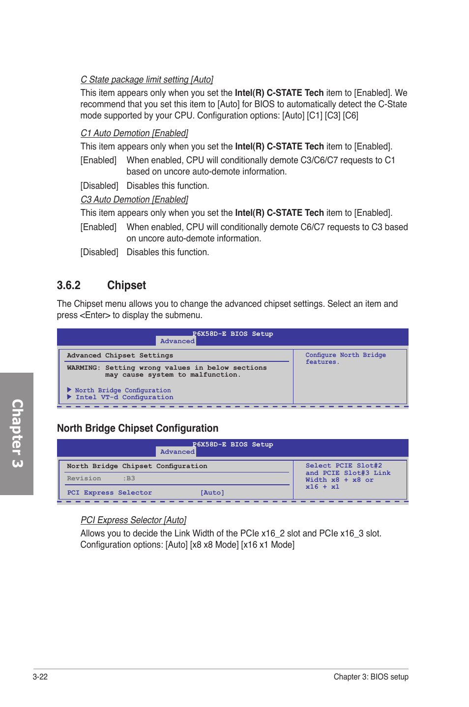 2 chipset, Chipset -22, Chapter 3 | North bridge chipset configuration | Asus P6X58D-E User Manual | Page 80 / 128