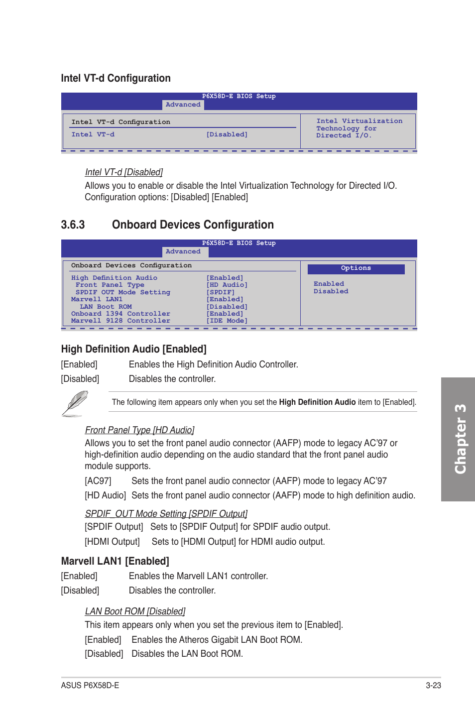 3 onboard devices configuration, Onboard devices configuration -23, Chapter 3 | Intel vt-d configuration, High definition audio [enabled, Marvell lan1 [enabled | Asus P6X58D-E User Manual | Page 81 / 128