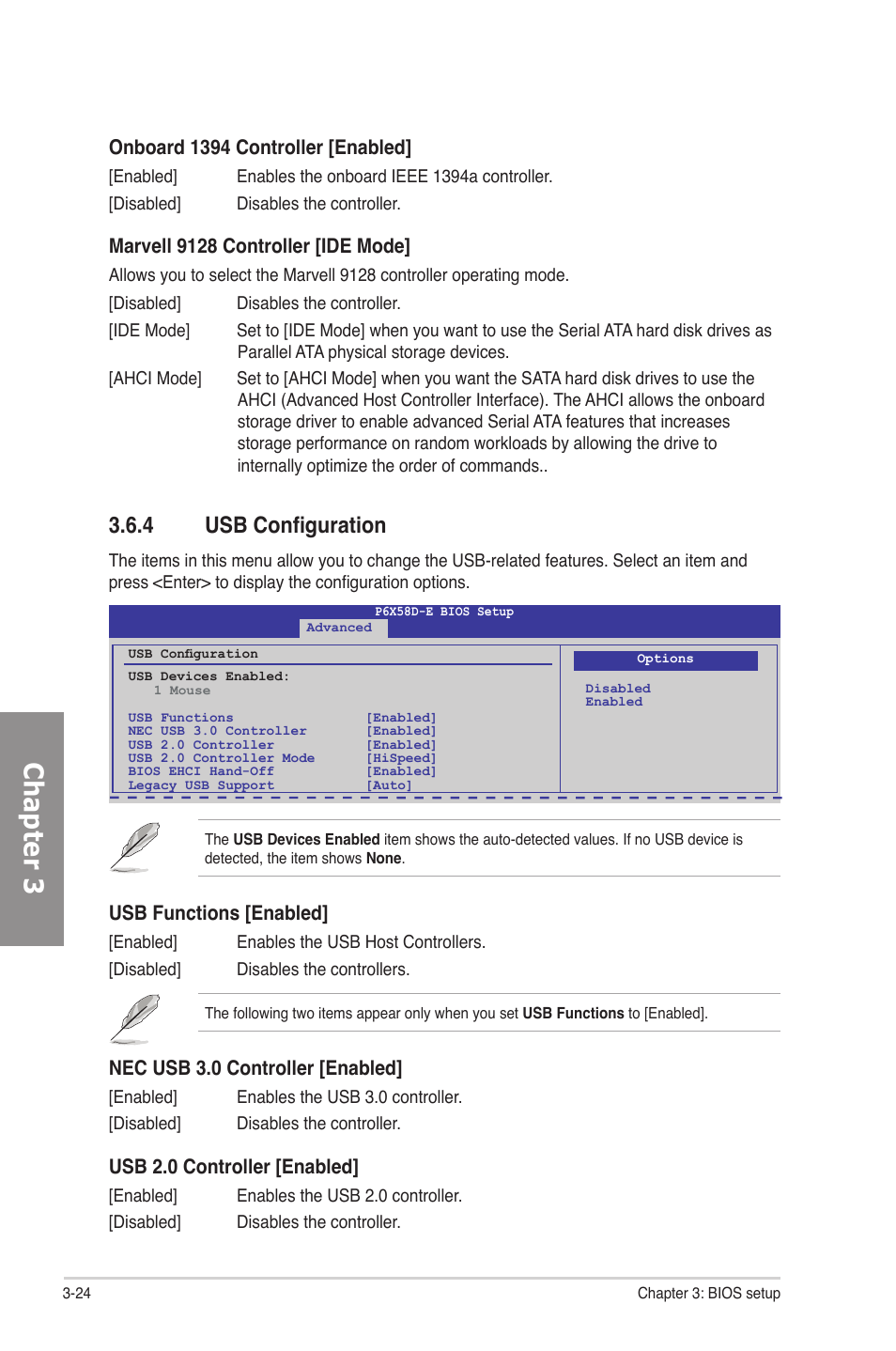 4 usb configuration, Usb configuration -24, Chapter 3 | Usb functions [enabled, Nec usb 3.0 controller [enabled, Usb 2.0 controller [enabled, Onboard 1394 controller [enabled, Marvell 9128 controller [ide mode | Asus P6X58D-E User Manual | Page 82 / 128