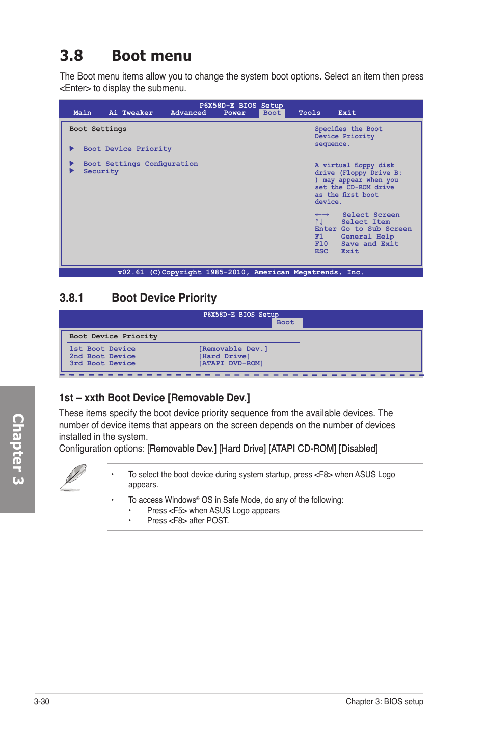 8 boot menu, 1 boot device priority, Boot menu -30 3.8.1 | Boot device priority -30, Chapter 3 3.8 boot menu, 1st – xxth boot device [removable dev | Asus P6X58D-E User Manual | Page 88 / 128