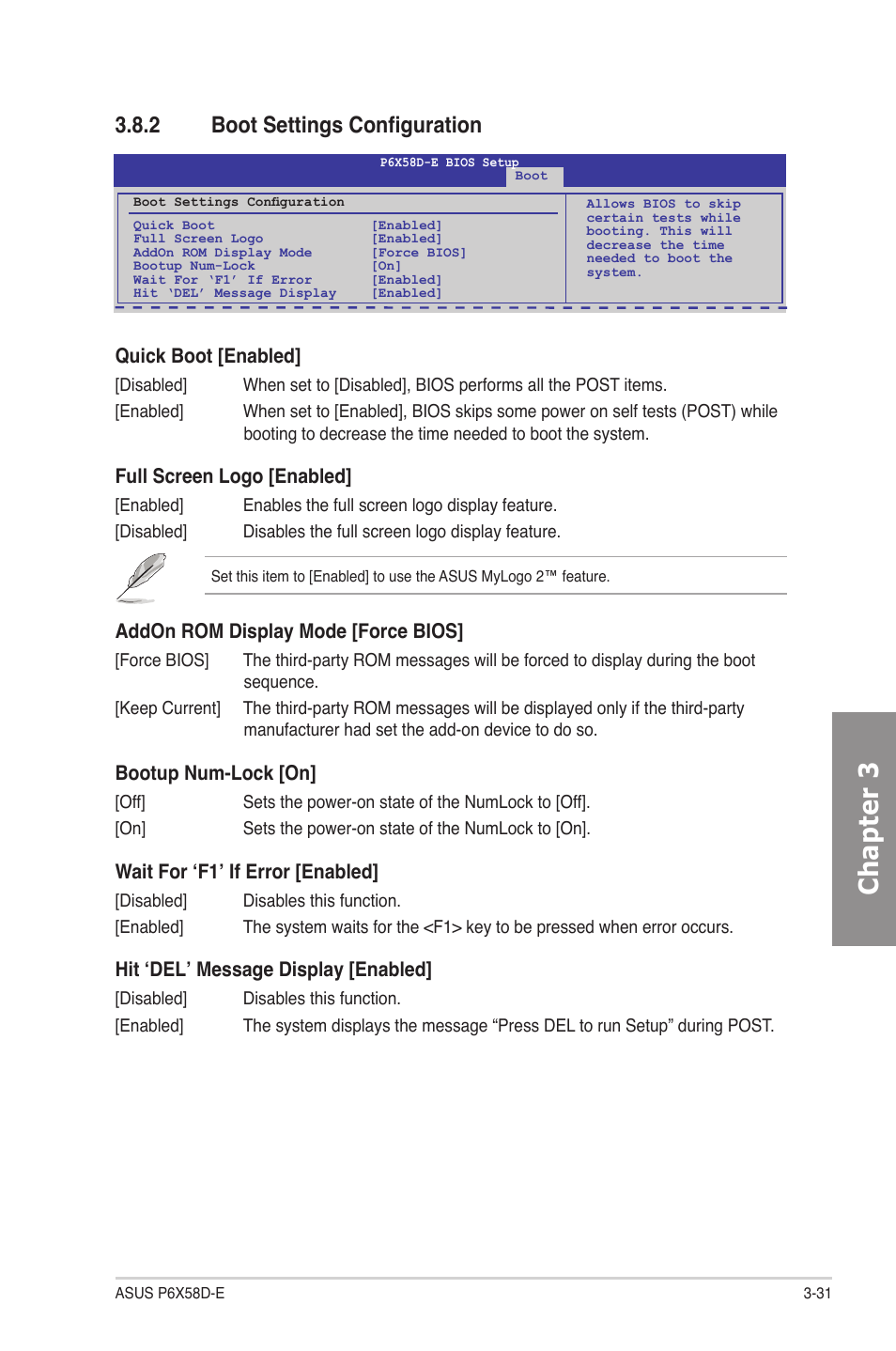 2 boot settings configuration, Boot settings configuration -31, Chapter 3 | Quick boot [enabled, Full screen logo [enabled, Addon rom display mode [force bios, Bootup num-lock [on, Wait for ‘f1’ if error [enabled, Hit ‘del’ message display [enabled | Asus P6X58D-E User Manual | Page 89 / 128