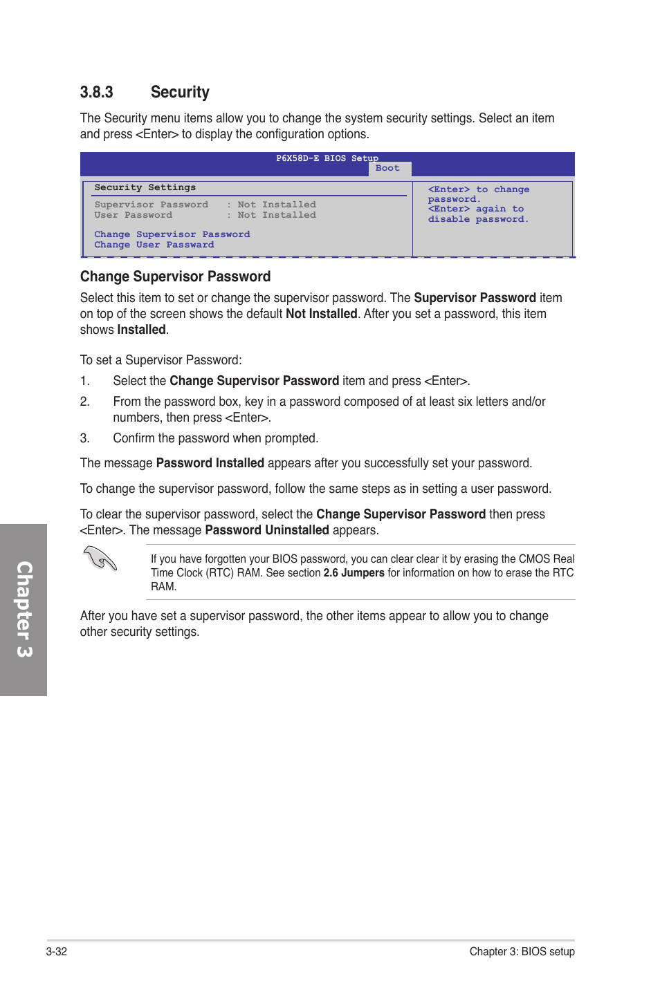 3 security, Security -32, Chapter 3 | Change supervisor password | Asus P6X58D-E User Manual | Page 90 / 128